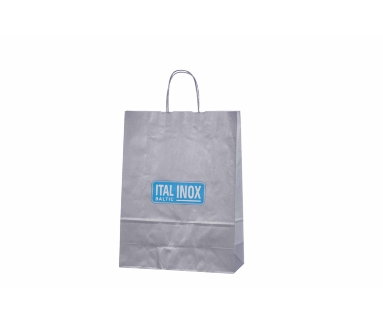 Hopeanväriset paperikassit.