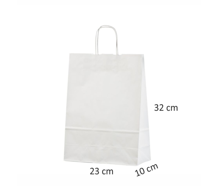 Valge paberkott mõõtudega 23x10x32 cm