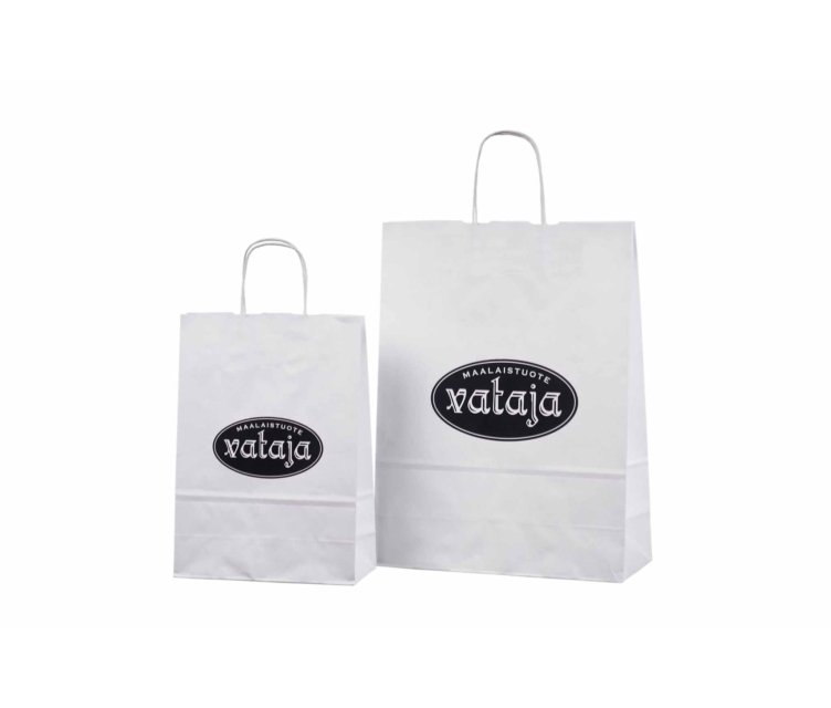 Valkoiset paperikassit omalla logolla