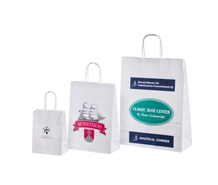 Valkoiset paperikassit omalla painatuksella