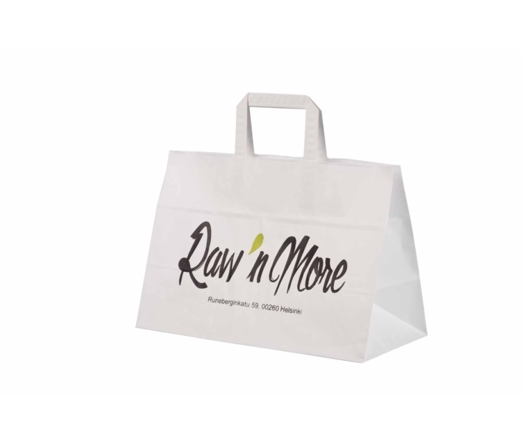 Valkoiset take away -paperikassit, koko 35x17x24,5 cm logolla