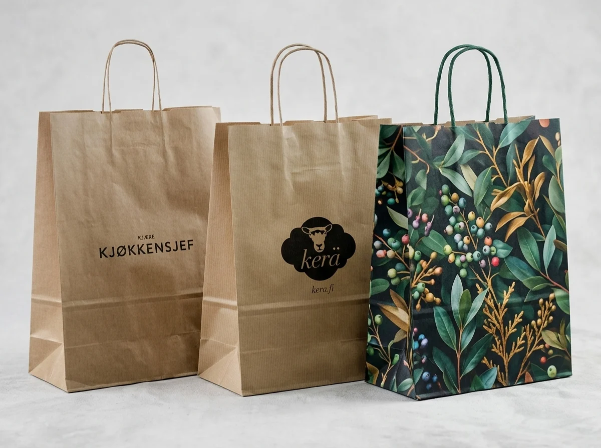 Painatetut paperikassit lähikuva