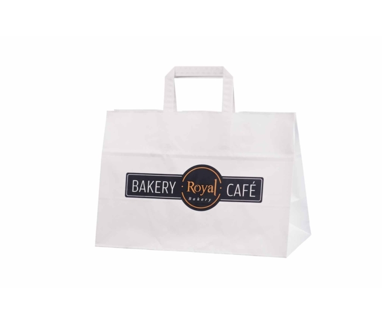 Valkoiset take away -paperikassit, koko 35x17x24,5 cm omalla logolla